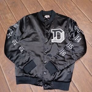 Black Satin Varsity Jacket with White Lettering